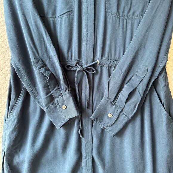 LOFT Lou & Grey Dress XS Blue Shirt Button Front Pockets Tie Waist Roll Sleeves - Picture 9 of 15